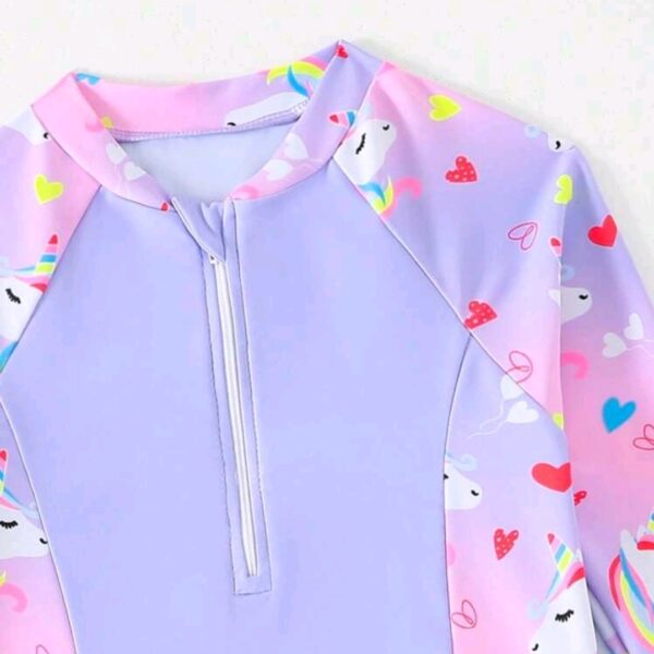 Young Girls Long Sleeve Rash Guard Swimsuits,2 Pieces Unicorn Floral Print , Kids, KSW-0015