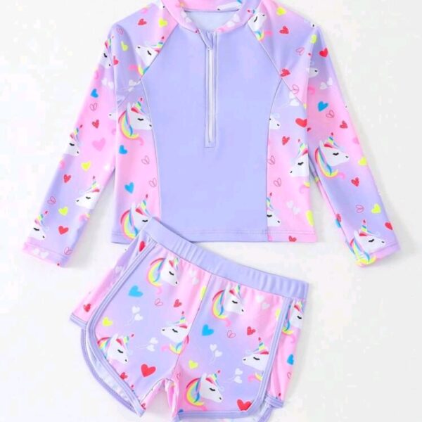 Young Girls Long Sleeve Rash Guard Swimsuits,2 Pieces Unicorn Floral Print , Kids, KSW-0015