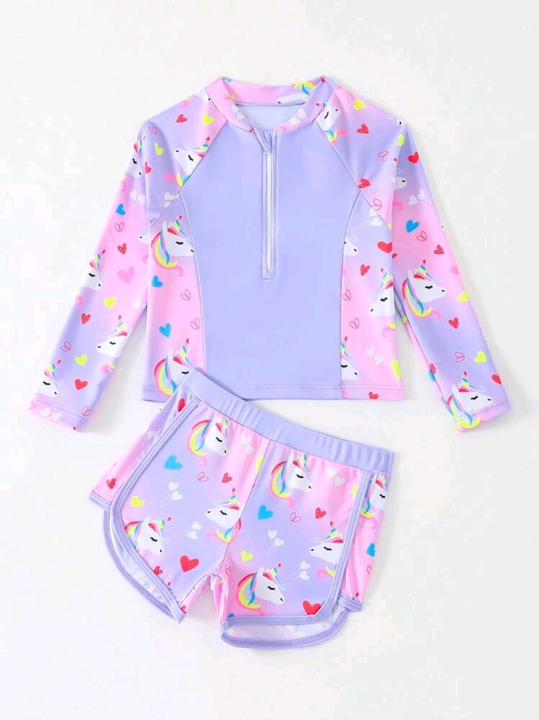 Young Girls Long Sleeve Rash Guard Swimsuits,2 Pieces Unicorn Floral Print , Kids, KSW-0015