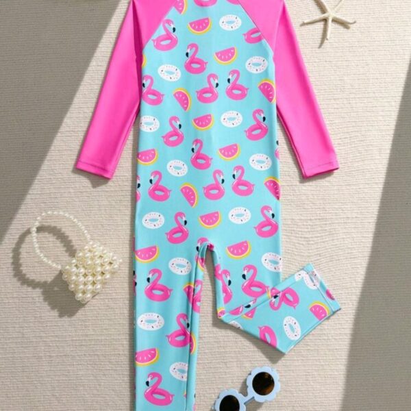 Screenshot_20260702_184214_SHEIN.jpg 1pc Girls' One-Piece Swimsuit,Cute Baby Pink Flamingo & Swim Ring Print Patchwork , Kids, KSW-0016