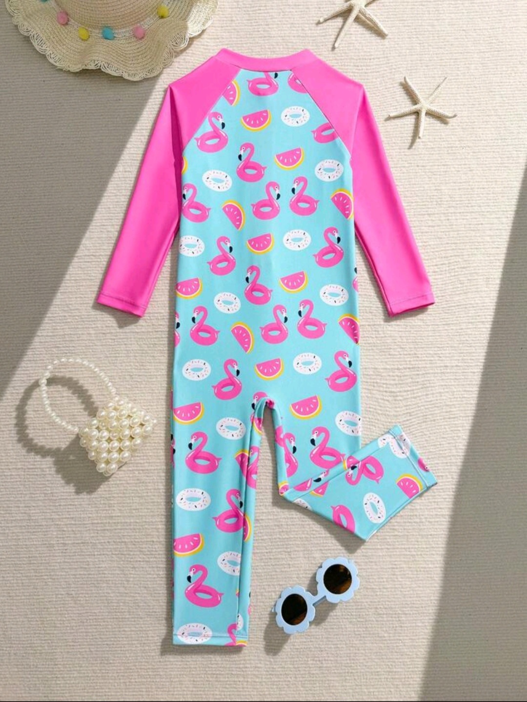 Screenshot_20260702_184214_SHEIN.jpg 1pc Girls' One-Piece Swimsuit,Cute Baby Pink Flamingo & Swim Ring Print Patchwork , Kids, KSW-0016