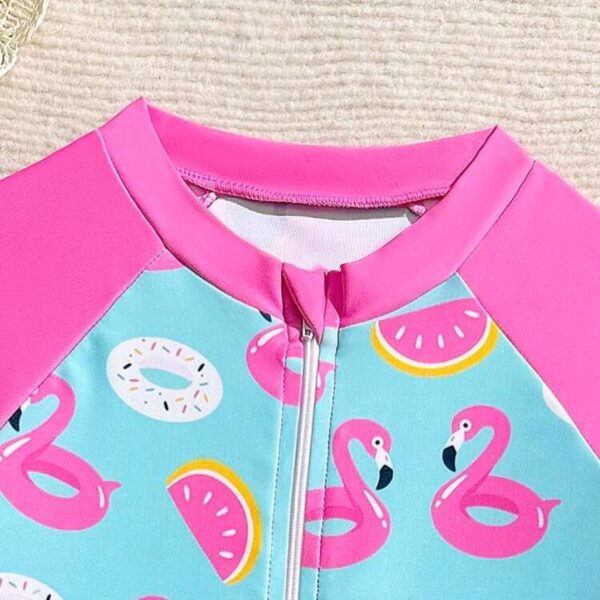 Screenshot_20260702_184243_SHEIN.jpg 1pc Girls' One-Piece Swimsuit,Cute Baby Pink Flamingo & Swim Ring Print Patchwork , Kids, KSW-0016