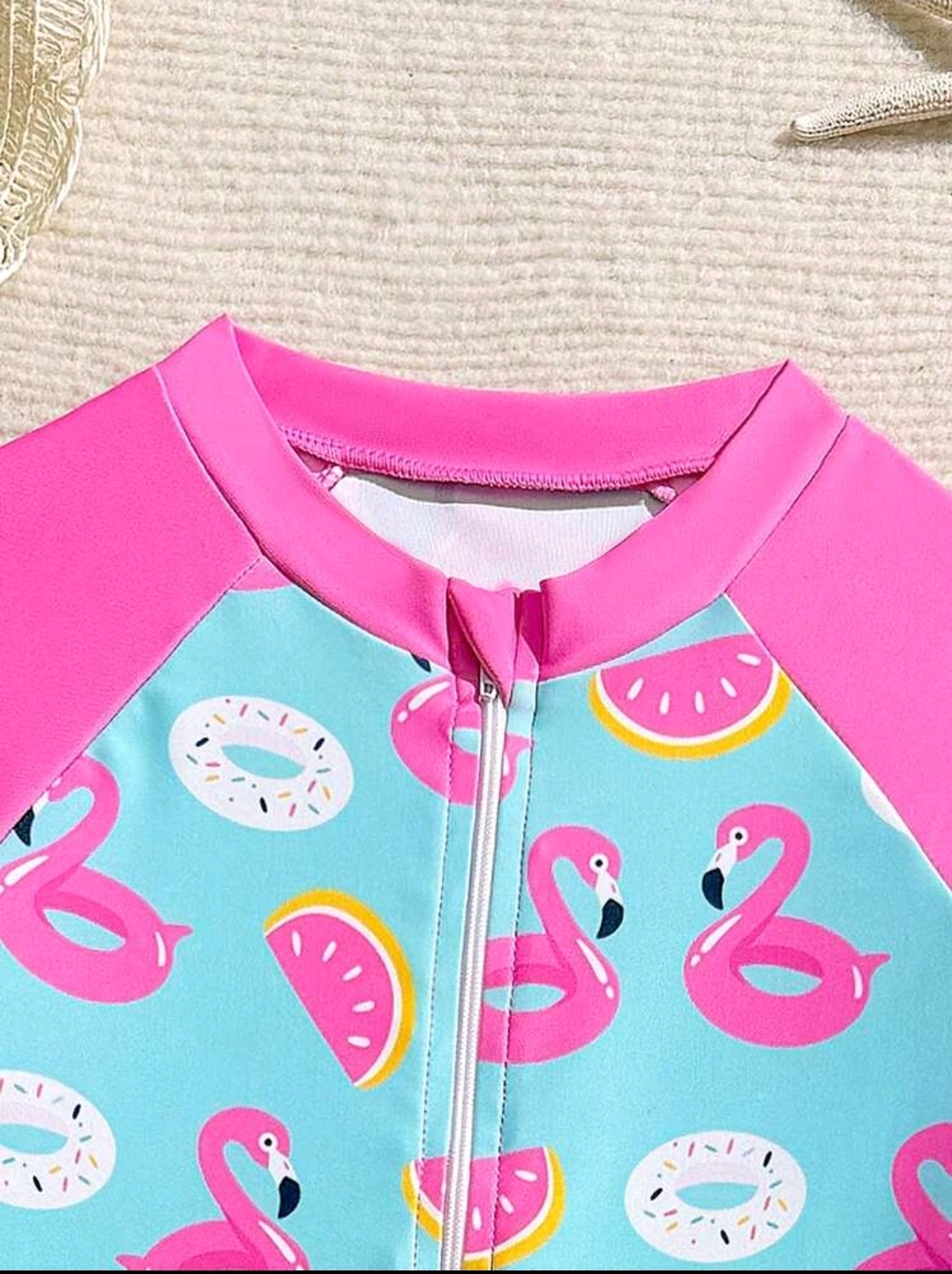 Screenshot_20260702_184243_SHEIN.jpg 1pc Girls' One-Piece Swimsuit,Cute Baby Pink Flamingo & Swim Ring Print Patchwork , Kids, KSW-0016