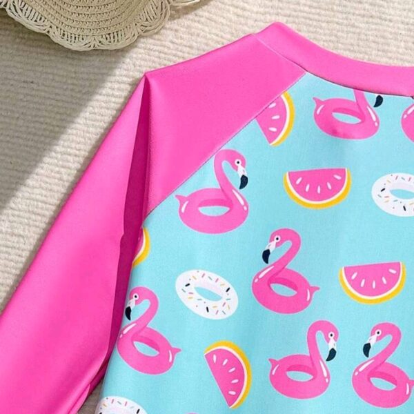 Screenshot_20260702_184258_SHEIN.jpg 1pc Girls' One-Piece Swimsuit,Cute Baby Pink Flamingo & Swim Ring Print Patchwork , Kids, KSW-0016