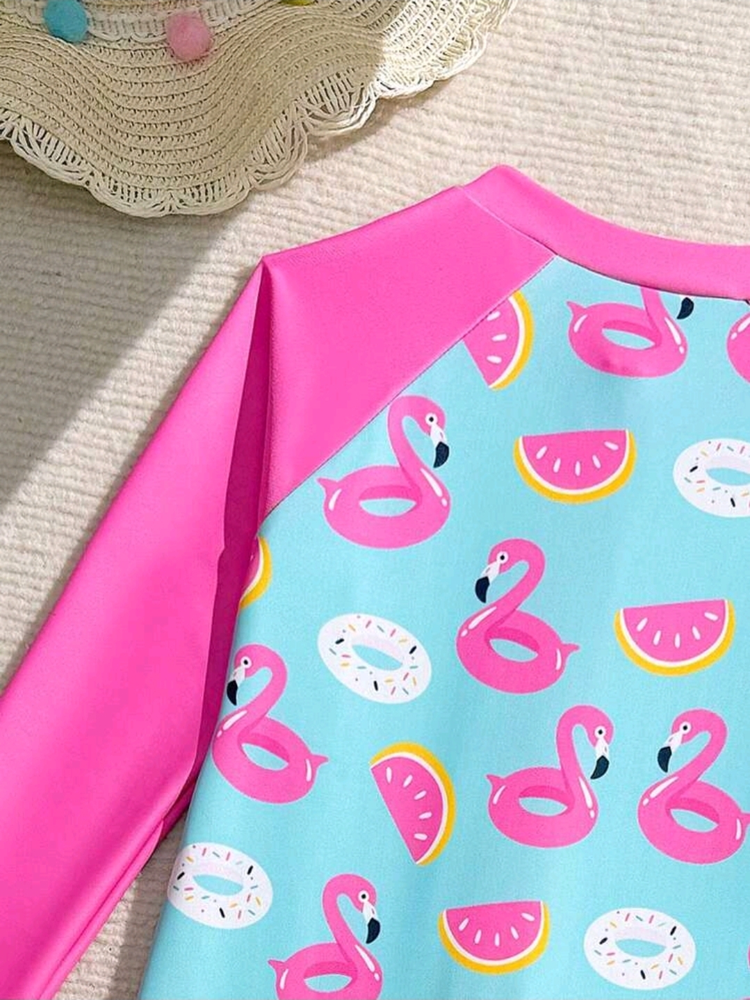 Screenshot_20260702_184258_SHEIN.jpg 1pc Girls' One-Piece Swimsuit,Cute Baby Pink Flamingo & Swim Ring Print Patchwork , Kids, KSW-0016