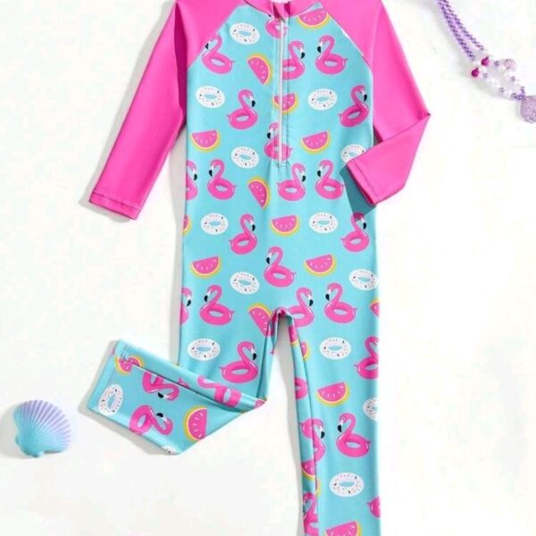 Screenshot_20260702_184312_SHEIN.jpg 1pc Girls' One-Piece Swimsuit,Cute Baby Pink Flamingo & Swim Ring Print Patchwork , Kids, KSW-0016