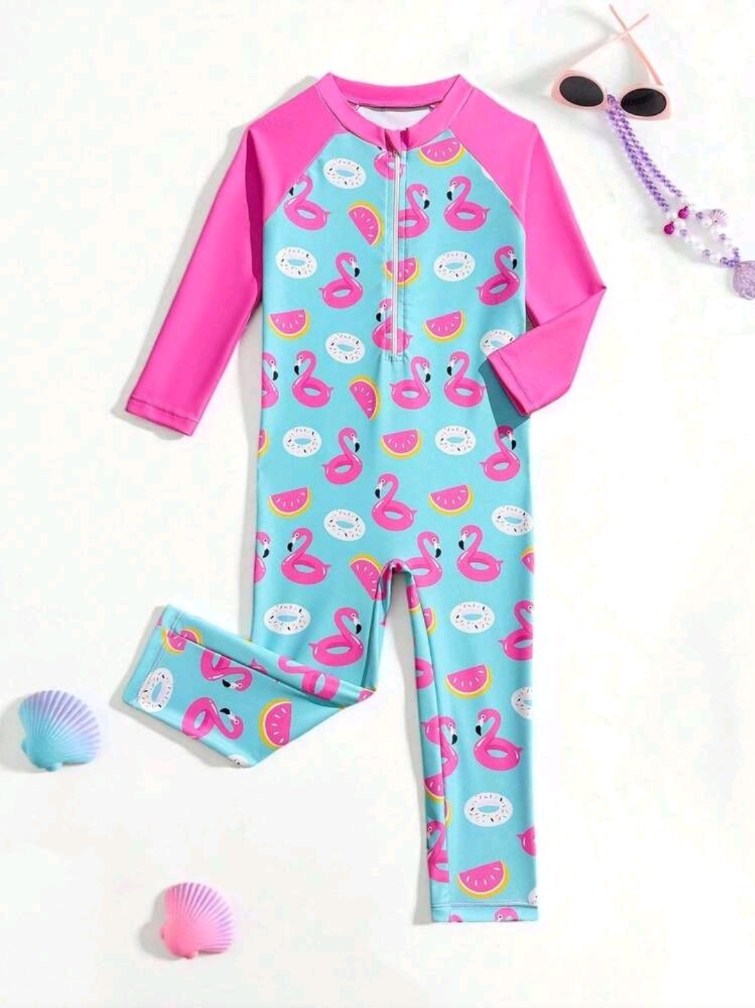 Screenshot_20260702_184312_SHEIN.jpg 1pc Girls' One-Piece Swimsuit,Cute Baby Pink Flamingo & Swim Ring Print Patchwork , Kids, KSW-0016