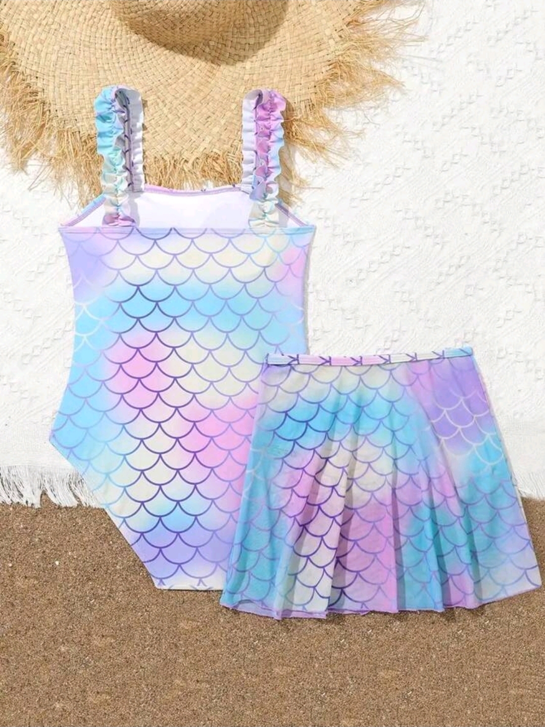 2pcs Tween Girl Fish Scale Print Bikini Swimwear Set Comfy Bathing Suit Kids, KSW-0018
