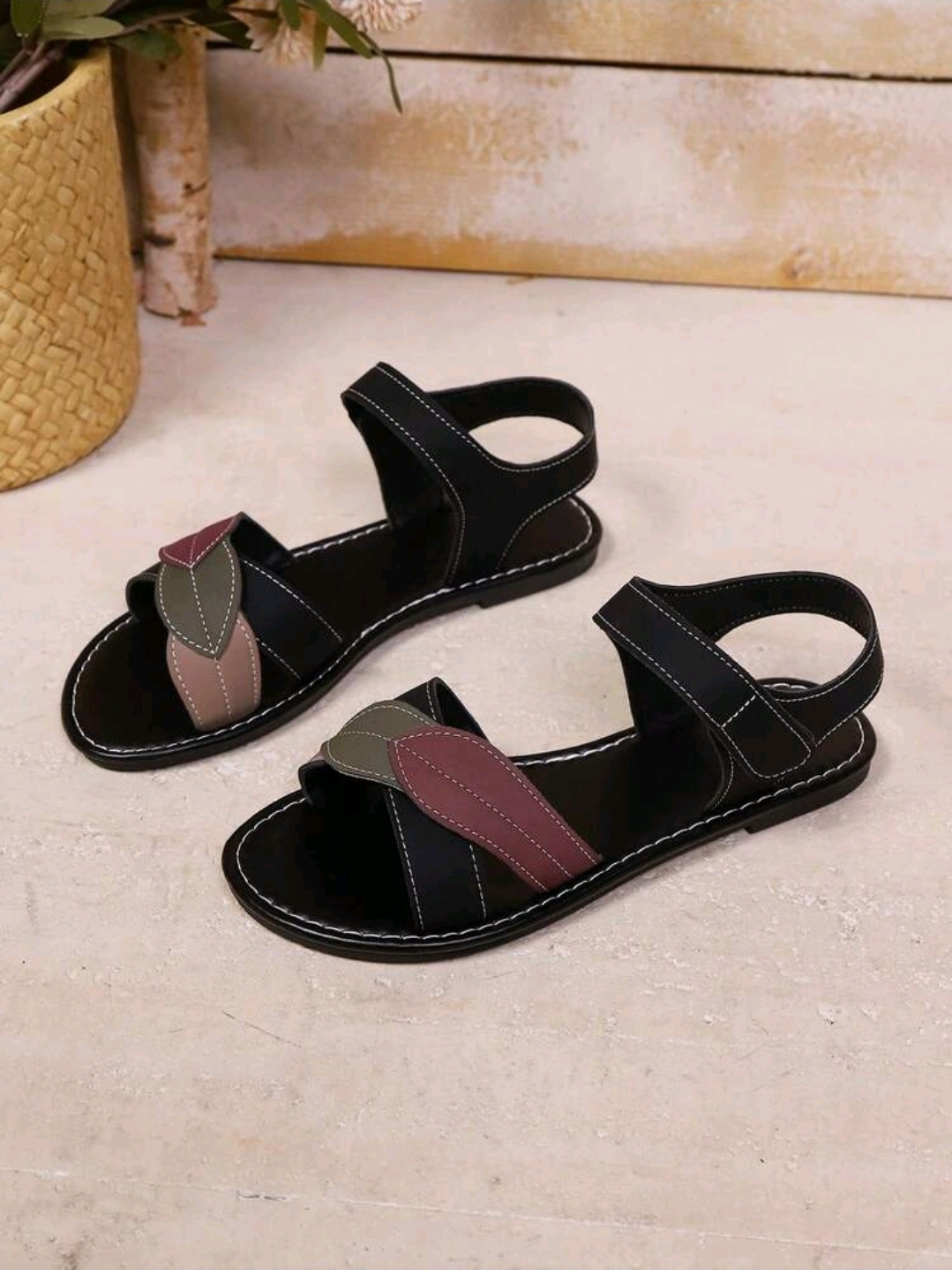 Black Flat Sandals Beige Colorblock Flat Sandals , WSH-002