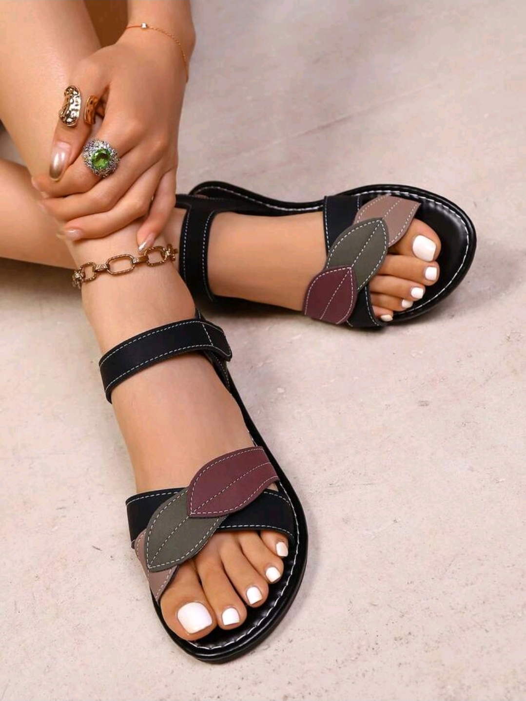 Black Flat Sandals Beige Colorblock Flat Sandals , WSH-002