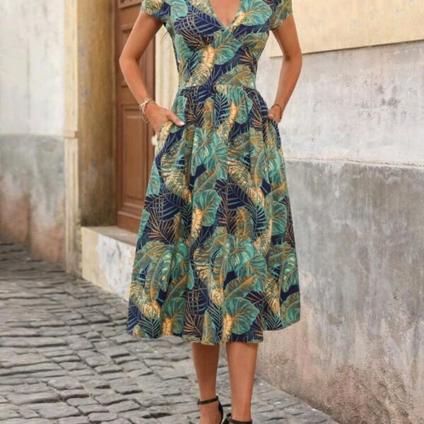Women's V-Neck Short Sleeve A-Line Midi Dress, WDR-001