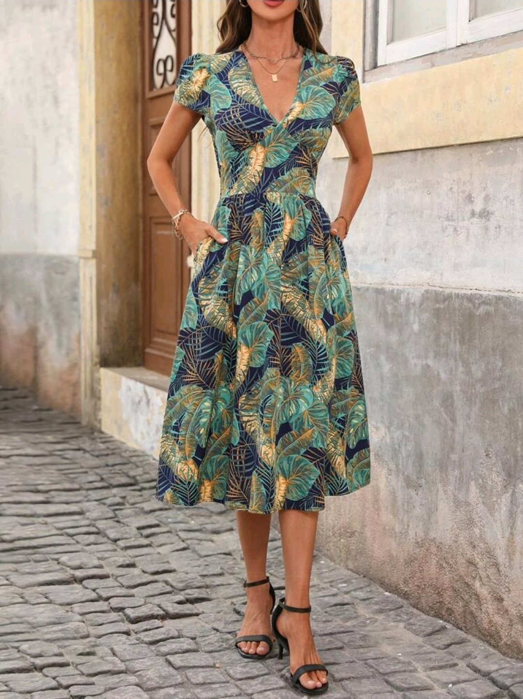Women's V-Neck Short Sleeve A-Line Midi Dress, WDR-001