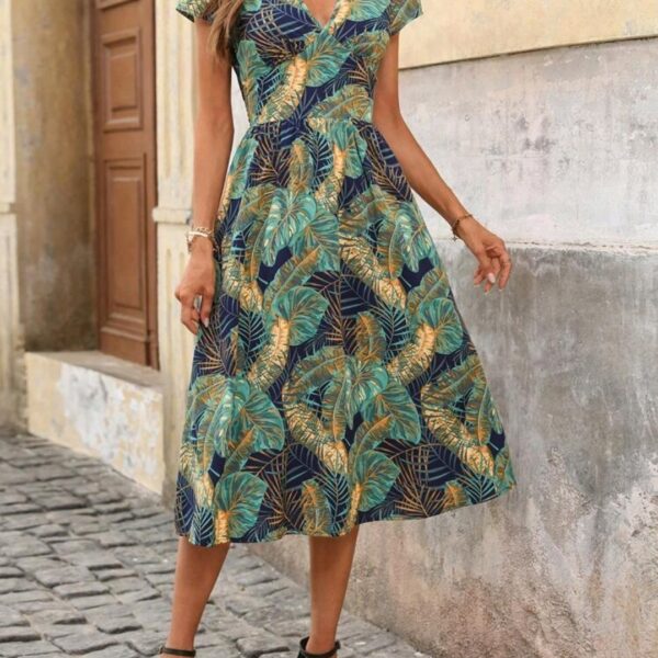 Women's V-Neck Short Sleeve A-Line Midi Dress, WDR-001