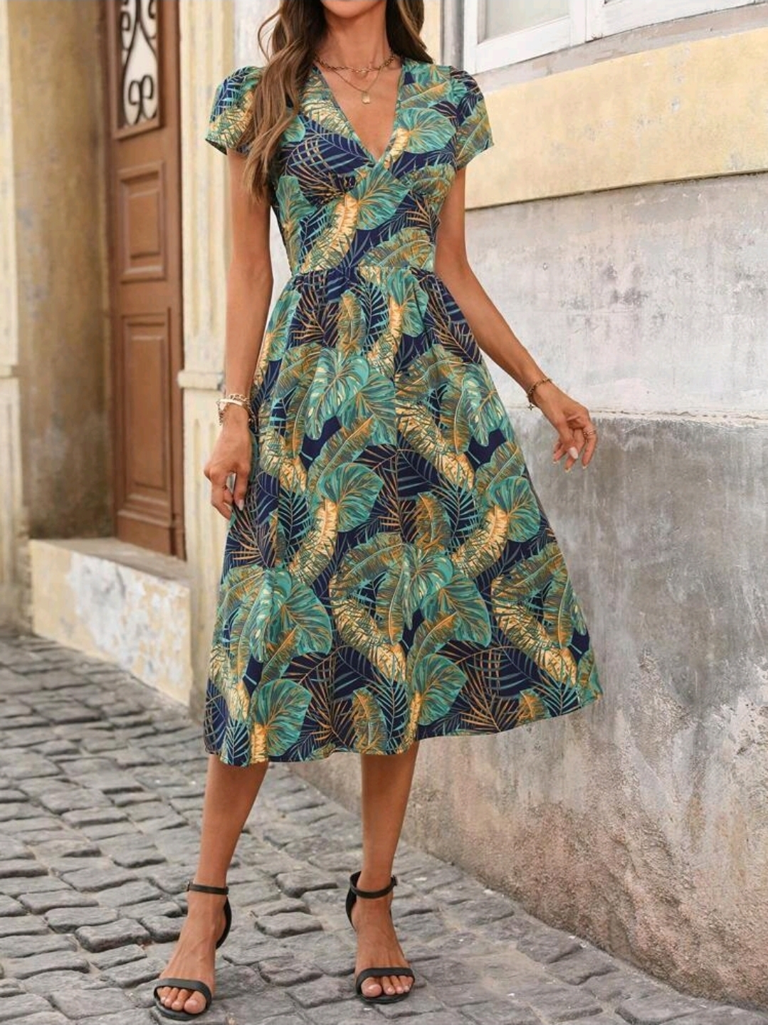 Women's V-Neck Short Sleeve A-Line Midi Dress, WDR-001
