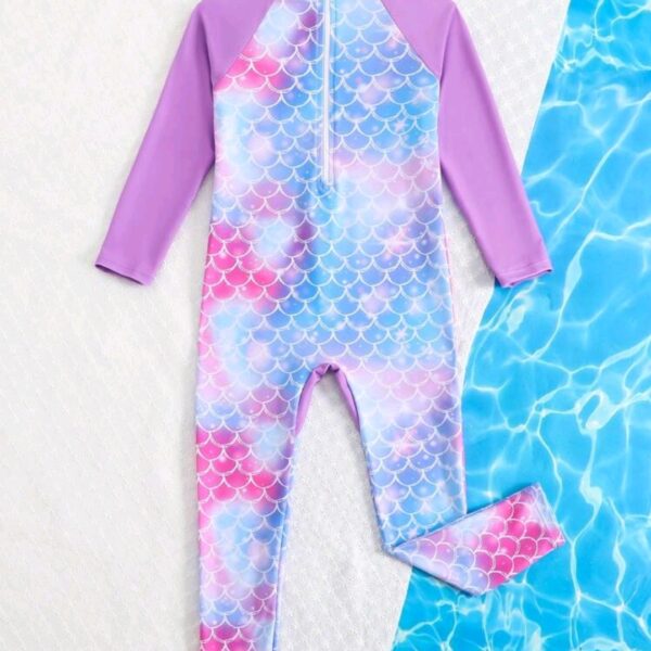 Young Girl Swimwear, Colorful Scales Print , Kids, KSW-0017