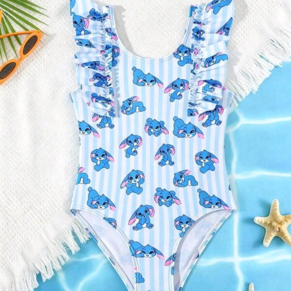 Young Girls Cute Stitch Ruffled One-Piece Swimsuit Kids, KSW-0020