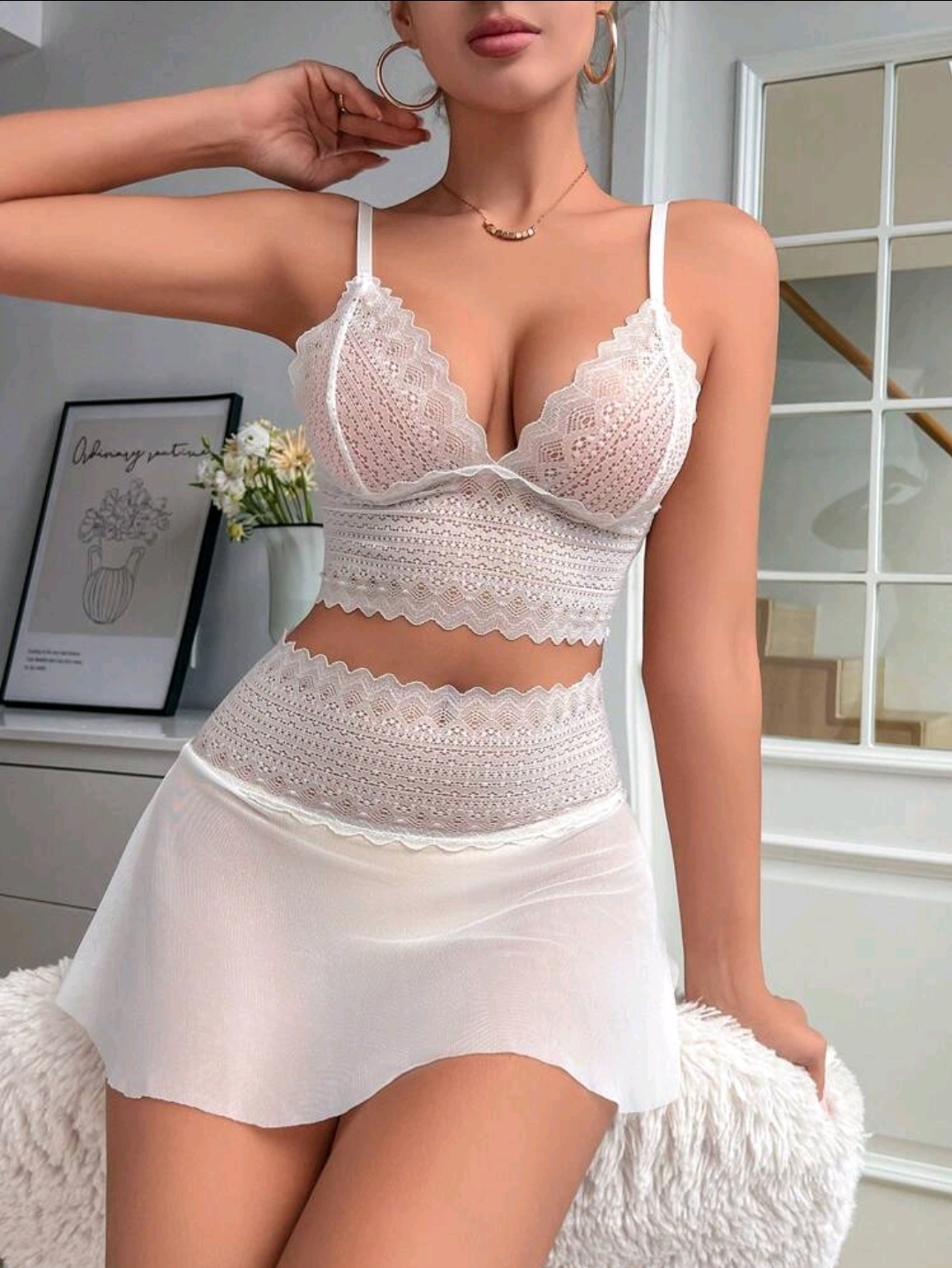 White Women's Wireless Lace Spliced Mesh Sexy Lingerie Set, WLG-002