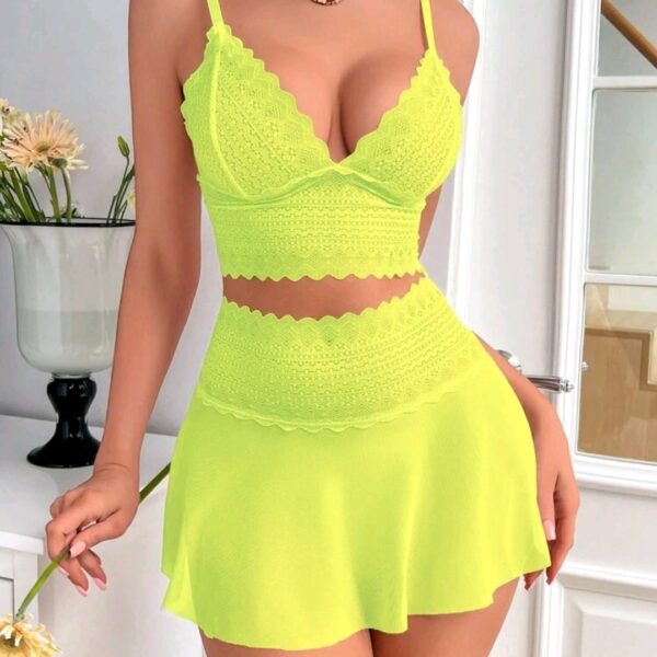 Yellow Women's Wireless Lace Spliced Mesh Sexy Lingerie Set, WLG-001