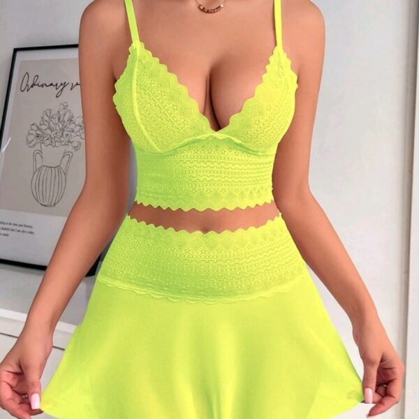 Yellow Women's Wireless Lace Spliced Mesh Sexy Lingerie Set, WLG-001