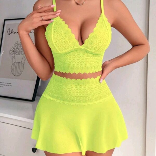 Yellow Women's Wireless Lace Spliced Mesh Sexy Lingerie Set, WLG-001