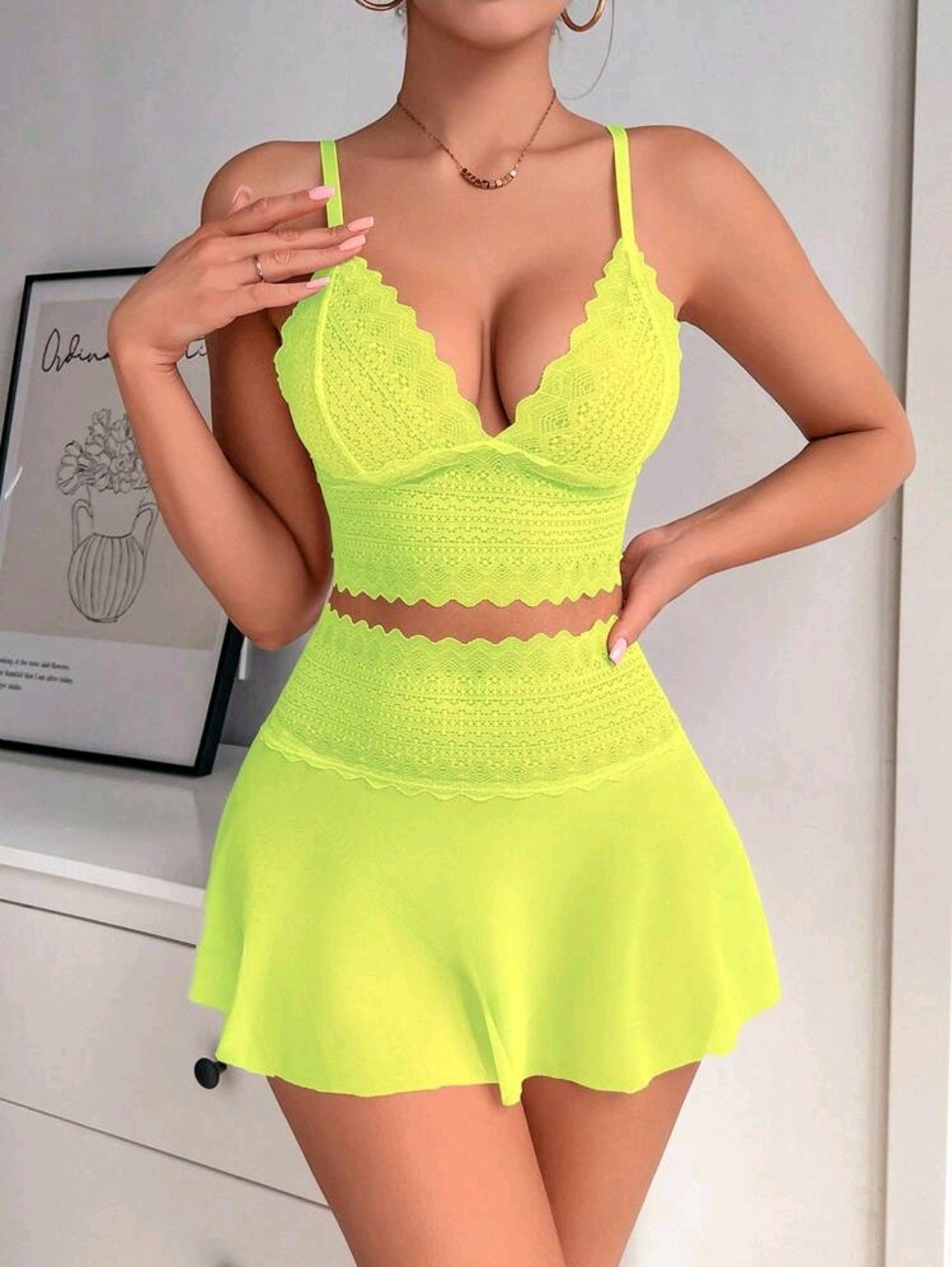 Yellow Women's Wireless Lace Spliced Mesh Sexy Lingerie Set, WLG-001