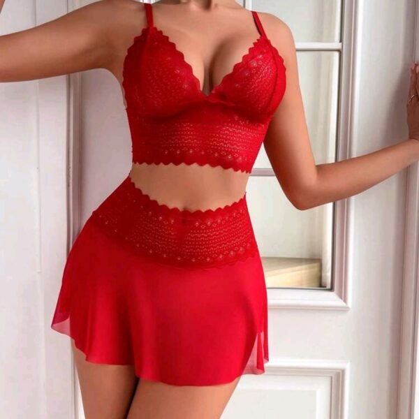 Red Women's Wireless Lace Spliced Mesh Sexy Lingerie Set, WLG-003