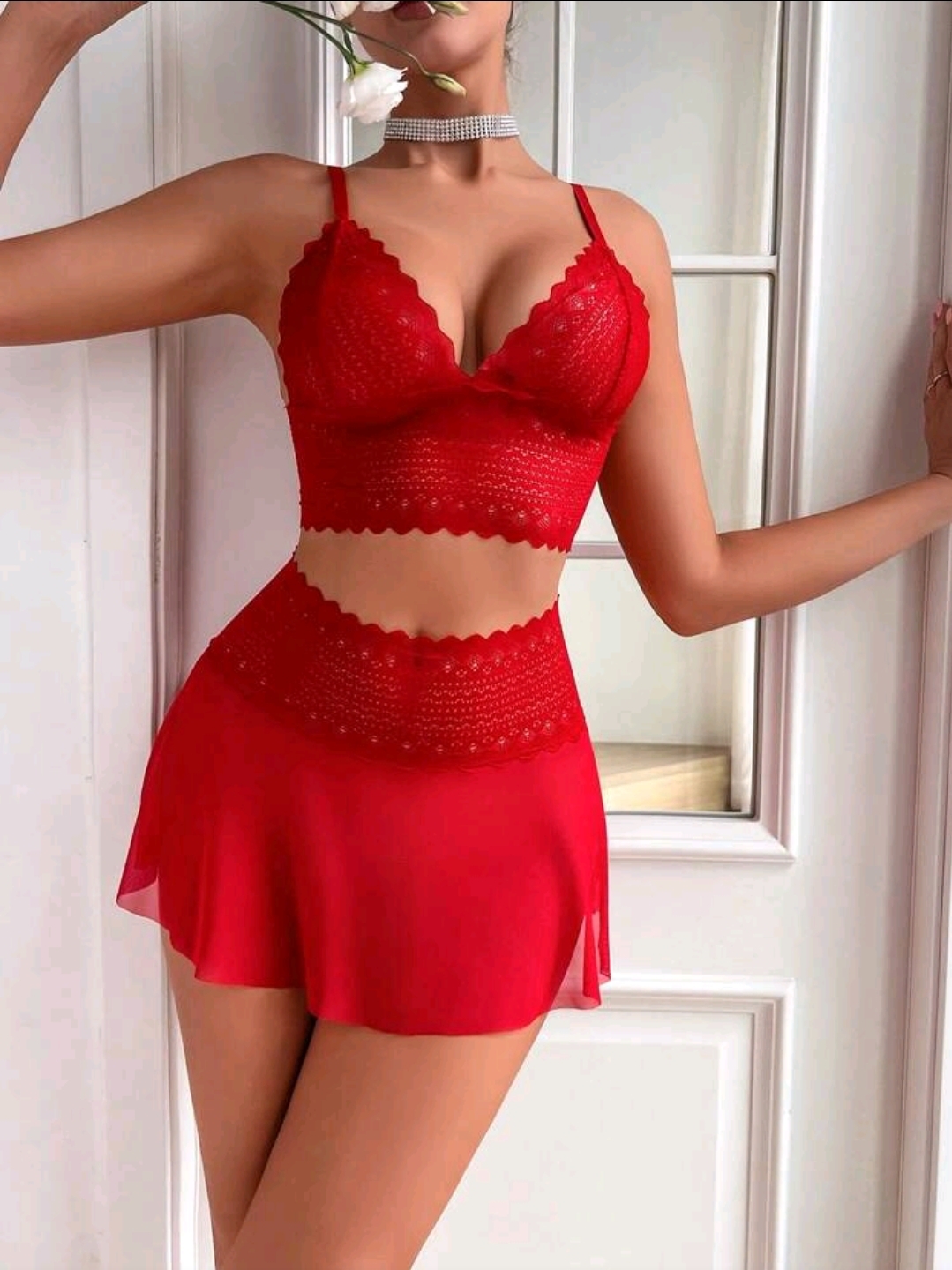 Red Women's Wireless Lace Spliced Mesh Sexy Lingerie Set, WLG-003