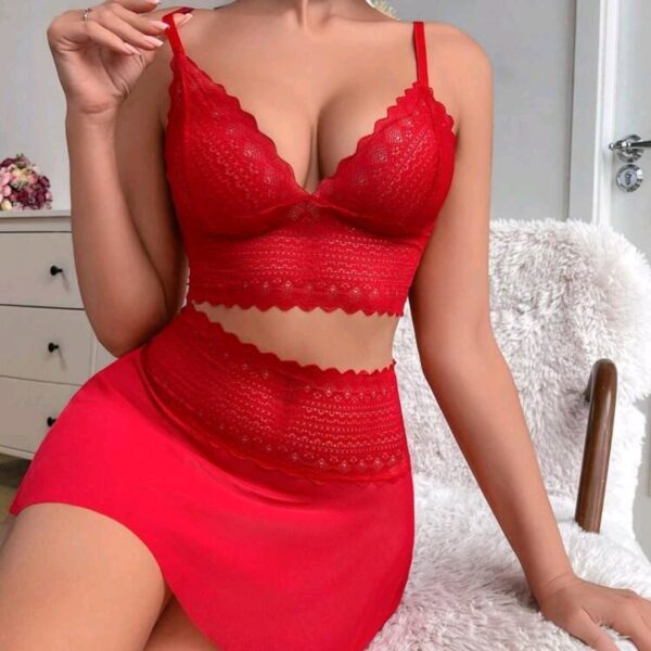 Red Women's Wireless Lace Spliced Mesh Sexy Lingerie Set, WLG-003