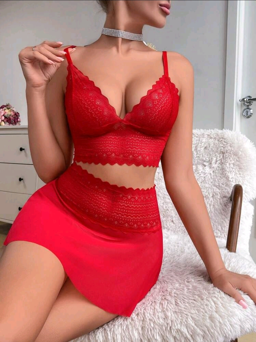 Red Women's Wireless Lace Spliced Mesh Sexy Lingerie Set, WLG-003