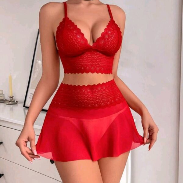Red Women's Wireless Lace Spliced Mesh Sexy Lingerie Set, WLG-003