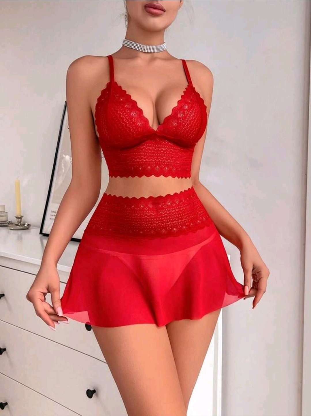 Red Women's Wireless Lace Spliced Mesh Sexy Lingerie Set, WLG-003