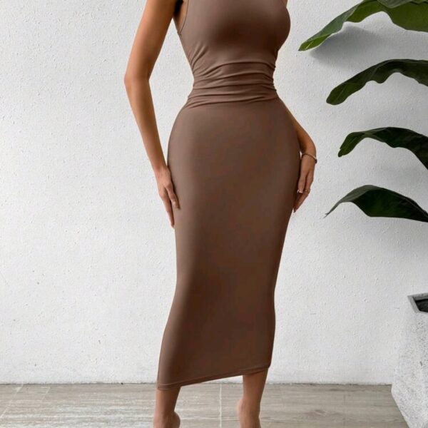 Brown Solid Color Ruched Waist Tank Dress, WDR-006