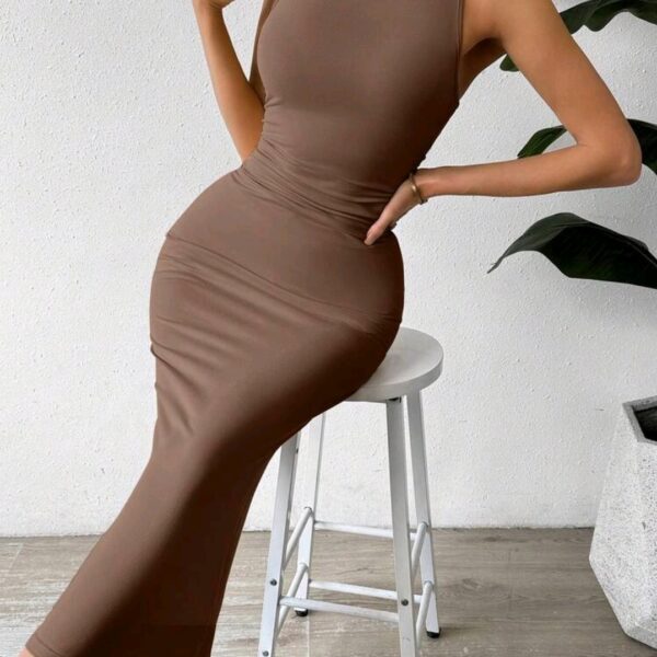 Brown Solid Color Ruched Waist Tank Dress, WDR-006