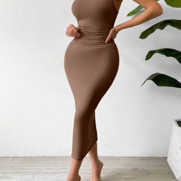 Brown Solid Color Ruched Waist Tank Dress, WDR-006