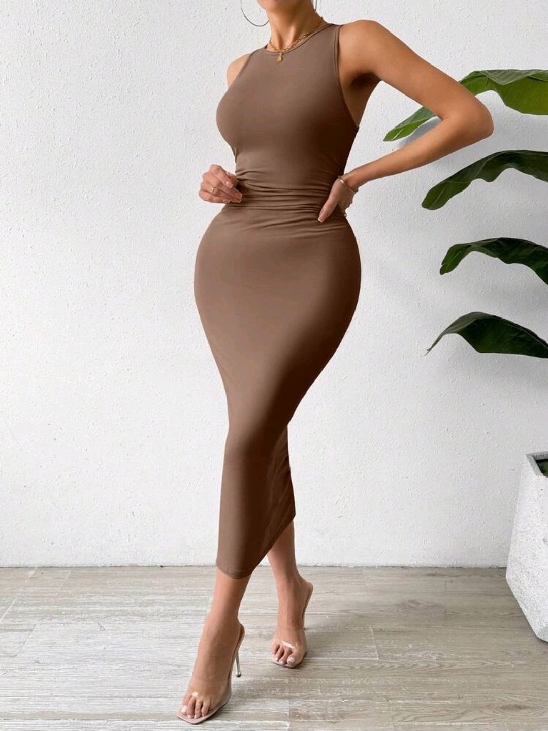 Brown Solid Color Ruched Waist Tank Dress, WDR-006