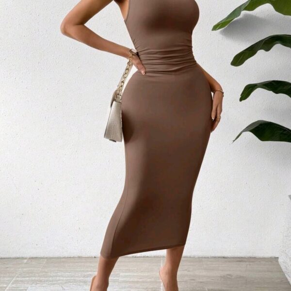 Brown Solid Color Ruched Waist Tank Dress, WDR-006