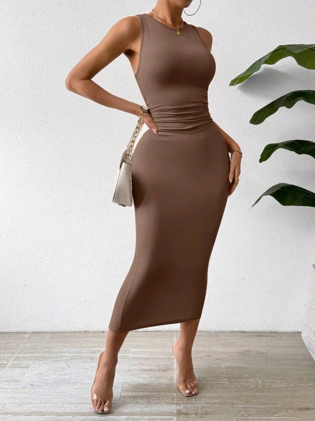 Brown Solid Color Ruched Waist Tank Dress, WDR-006