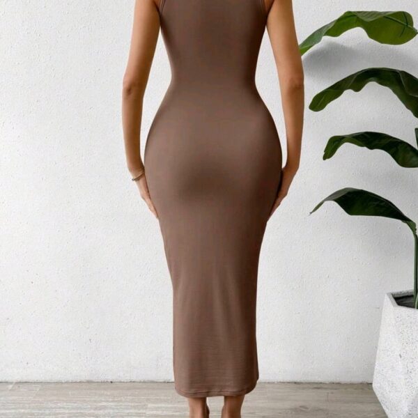 Brown Solid Color Ruched Waist Tank Dress, WDR-006