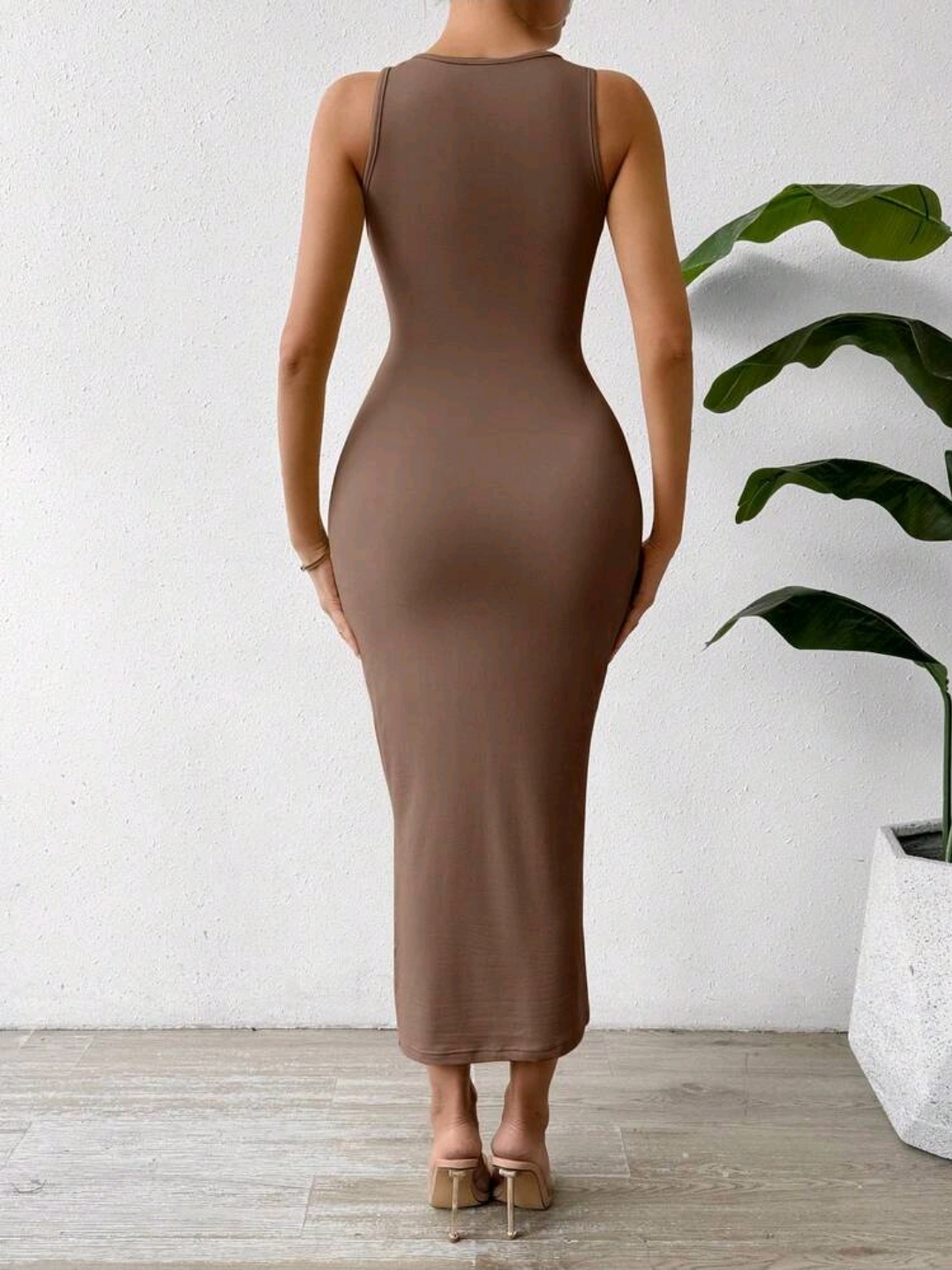 Brown Solid Color Ruched Waist Tank Dress, WDR-006