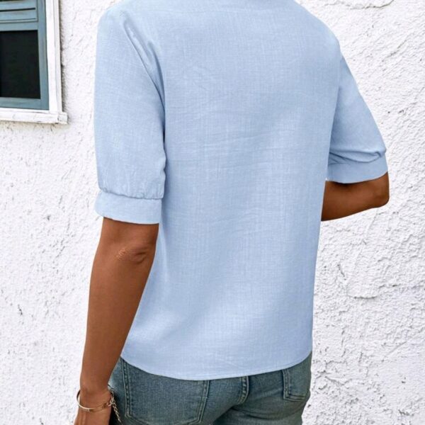 Blue And Whit Neck Short Sleeve Blouse, Summer, WTP-002