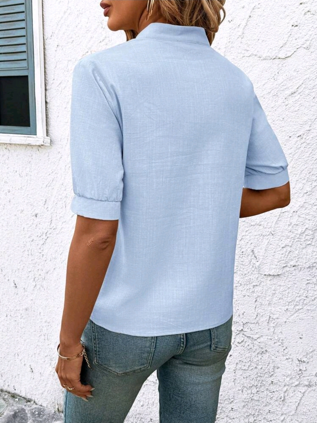 Blue And Whit Neck Short Sleeve Blouse, Summer, WTP-002