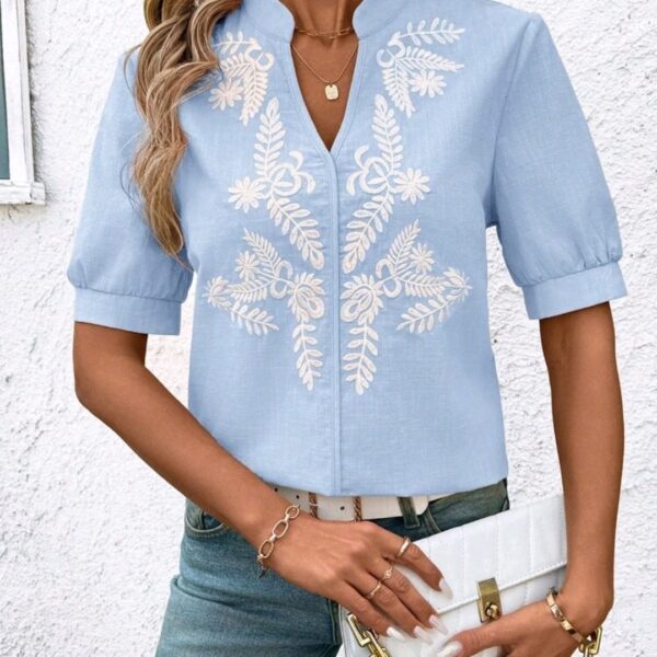 Blue And Whit Neck Short Sleeve Blouse, Summer, WTP-002