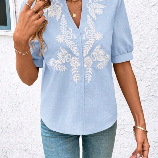 Blue And Whit Neck Short Sleeve Blouse, Summer, WTP-002