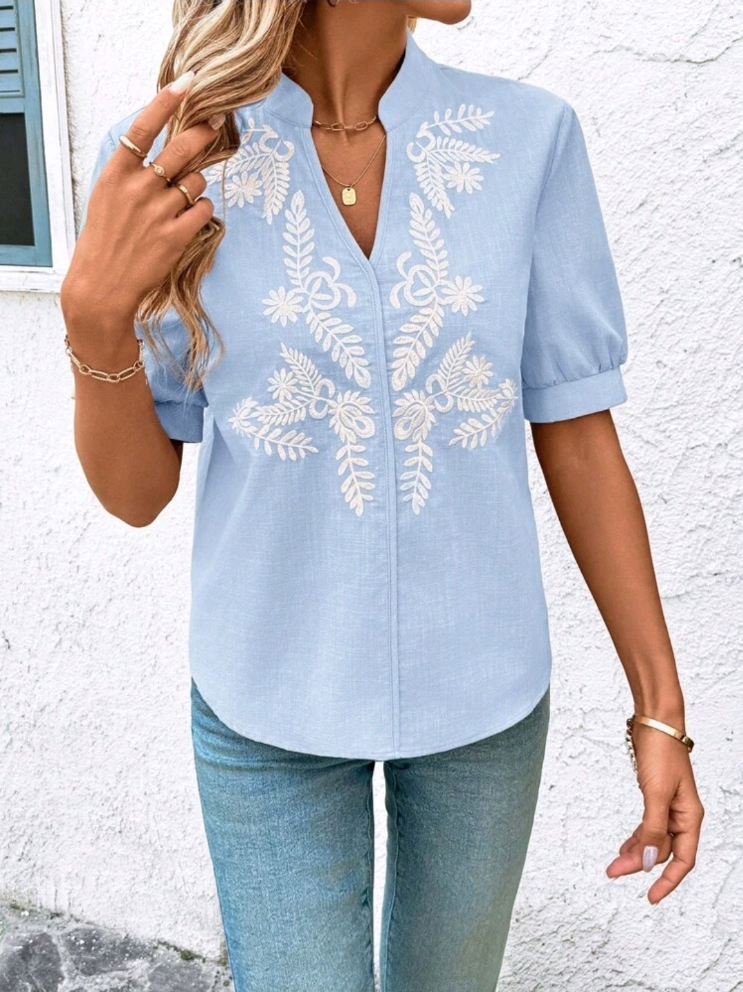 Blue And Whit Neck Short Sleeve Blouse, Summer, WTP-002