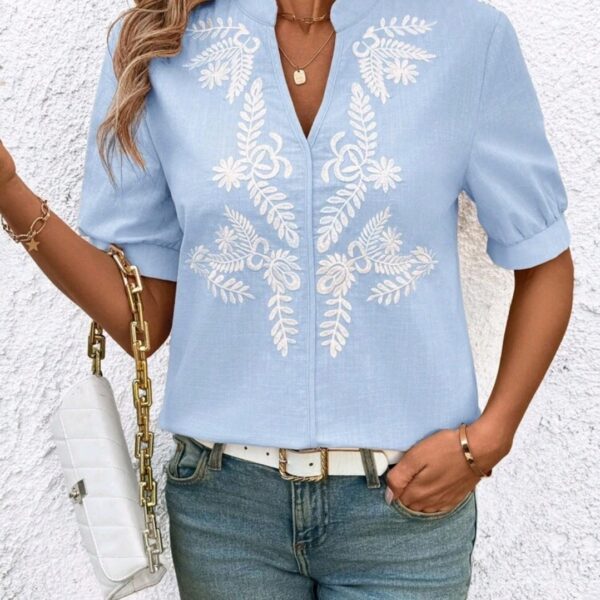 Blue And Whit Neck Short Sleeve Blouse, Summer, WTP-002