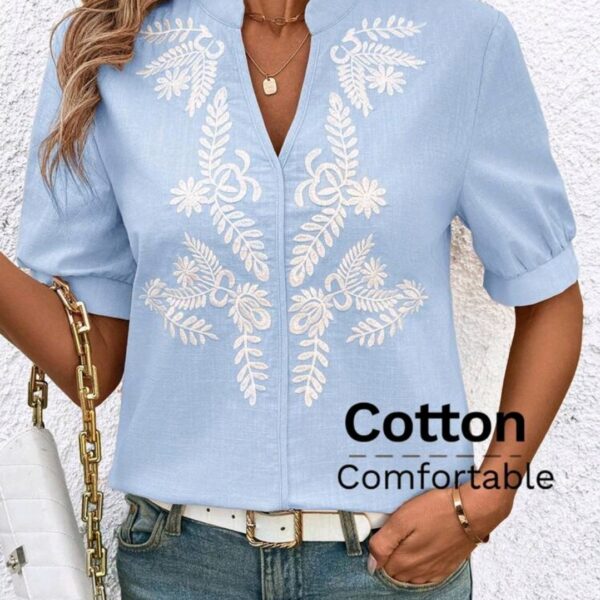 Blue And Whit Neck Short Sleeve Blouse, Summer, WTP-002