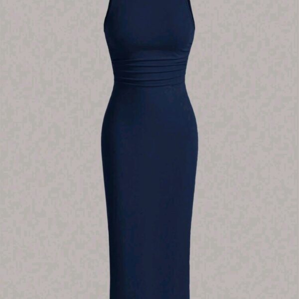 Navy Blue Solid Color Ruched Waist Tank Dress, WDR-003
