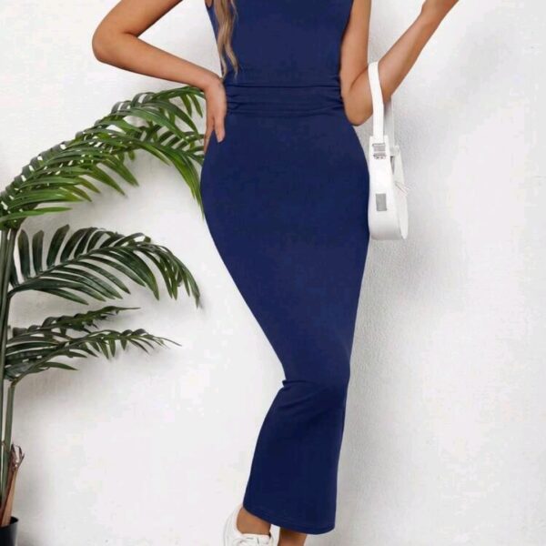 Navy Blue Solid Color Ruched Waist Tank Dress, WDR-003