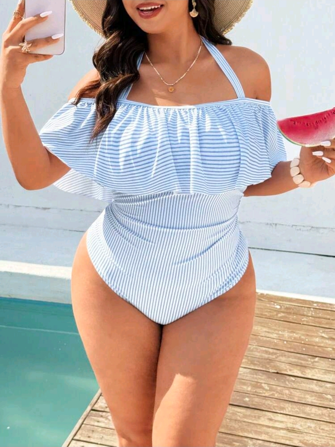 Plus Size Women Swimsuit, Blue & White One-Piece Swimwear WSW-0013