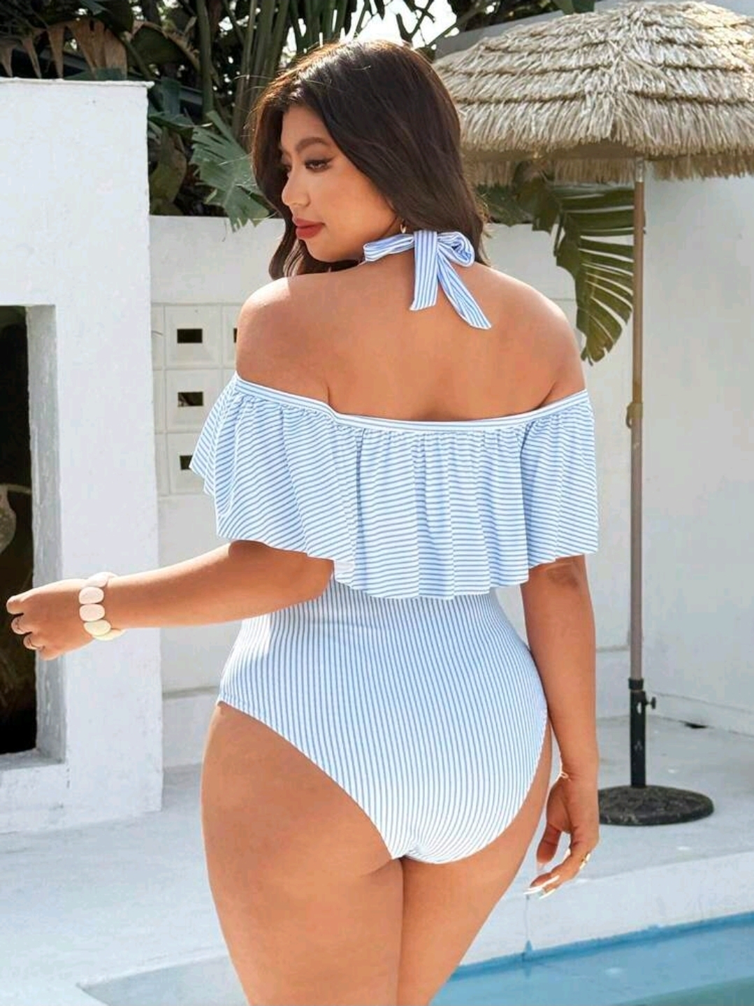 Plus Size Women Swimsuit, Blue & White One-Piece Swimwear WSW-0013